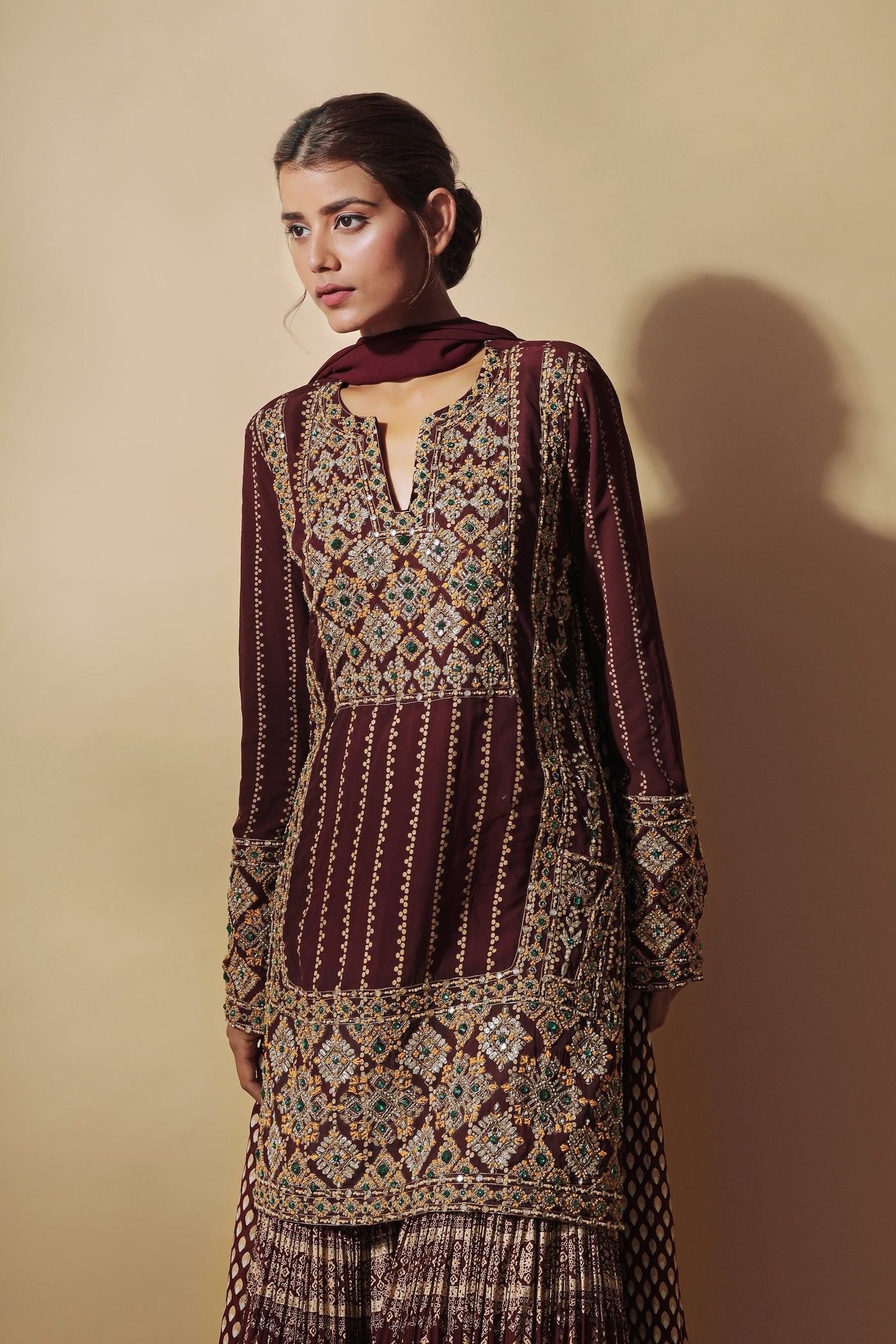 Burgundy Kurta & Persian Print Sharara Set