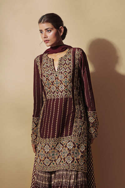 Burgundy Kurta & Persian Print Sharara Set
