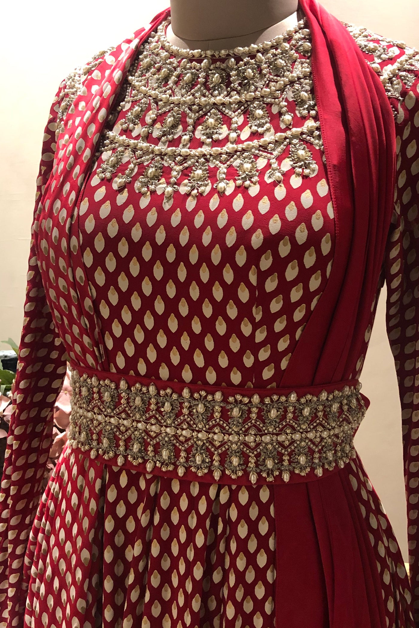 Red Bindu Anarkali With Draped Dupatta & Pearl Work Belt