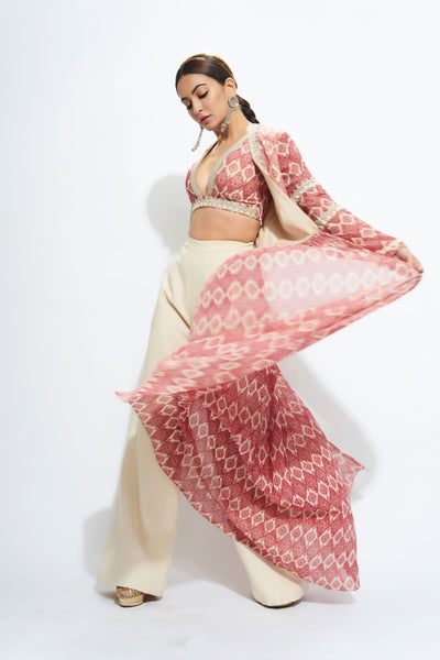 A Printed Embellished Blouse & Cape With Trousers - BHUMIKA SHARMA