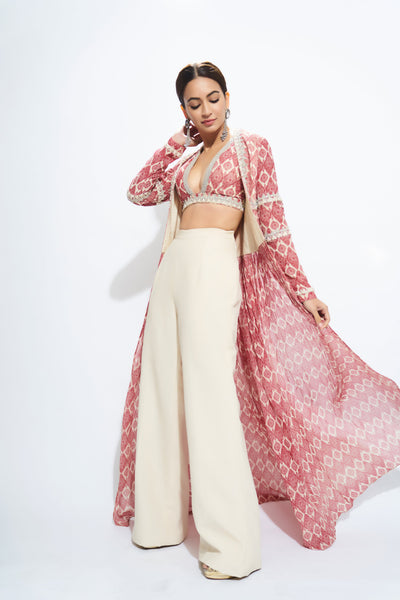 A Printed Embellished Blouse & Cape With Trousers - BHUMIKA SHARMA
