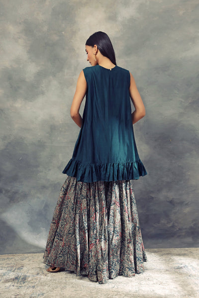 Peacock Green Embroidered Ruffle Top With Ambi Jaal Print Flared Pants - BHUMIKA SHARMA