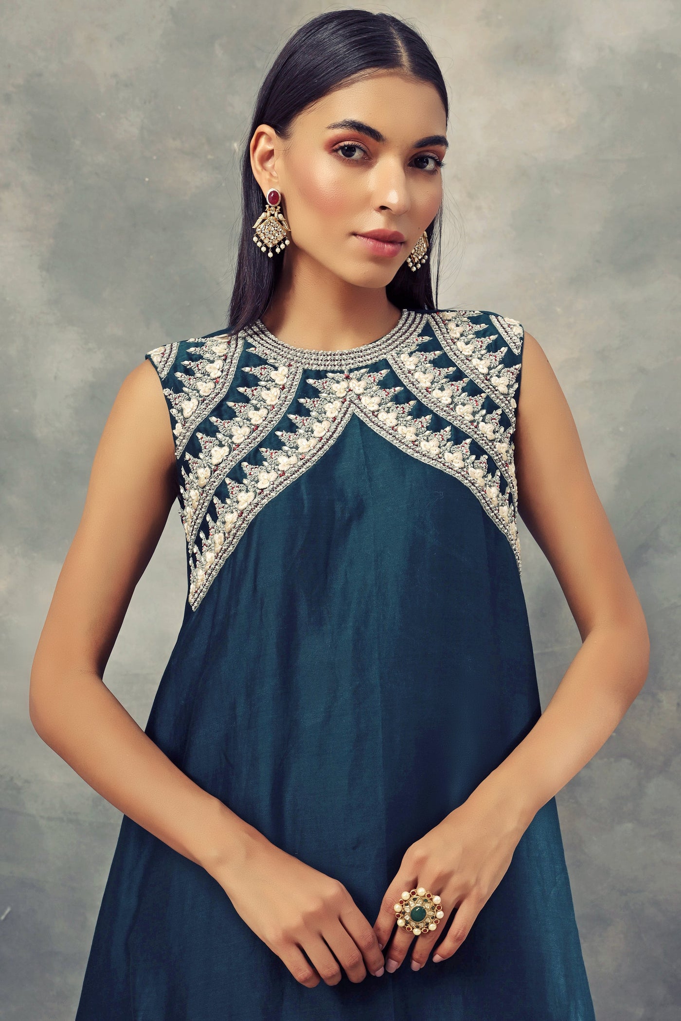 Peacock Green Embroidered Ruffle Top With Ambi Jaal Print Flared Pants - BHUMIKA SHARMA