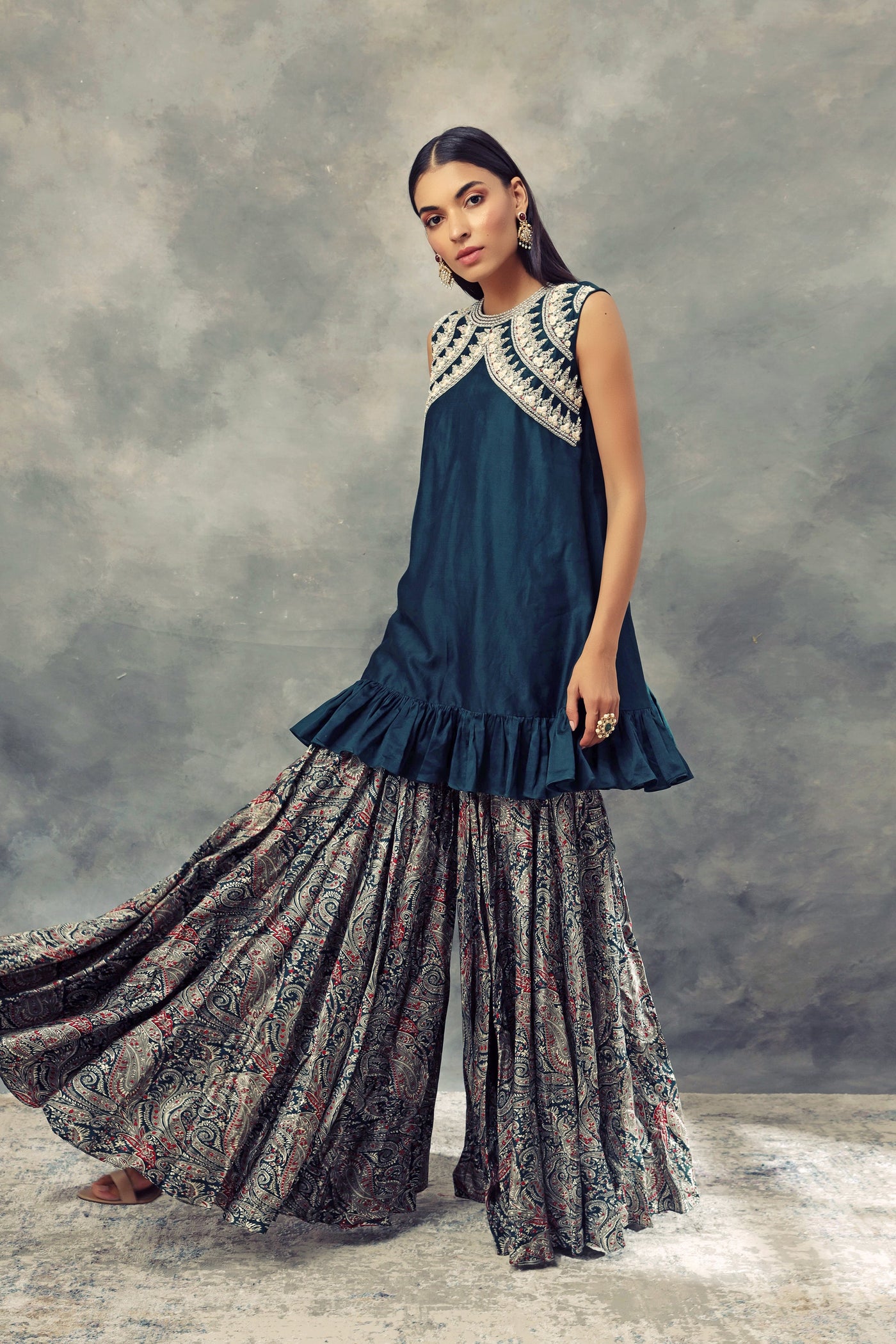 Peacock Green Embroidered Ruffle Top With Ambi Jaal Print Flared Pants - BHUMIKA SHARMA