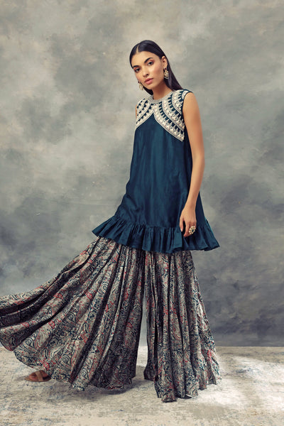 Peacock Green Embroidered Ruffle Top With Ambi Jaal Print Flared Pants - BHUMIKA SHARMA