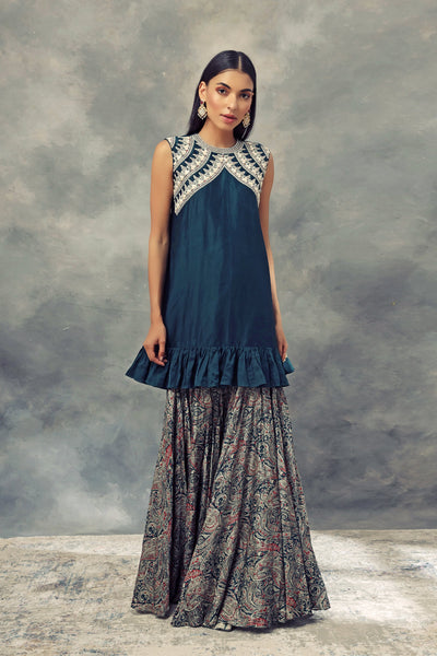 Peacock Green Embroidered Ruffle Top With Ambi Jaal Print Flared Pants - BHUMIKA SHARMA