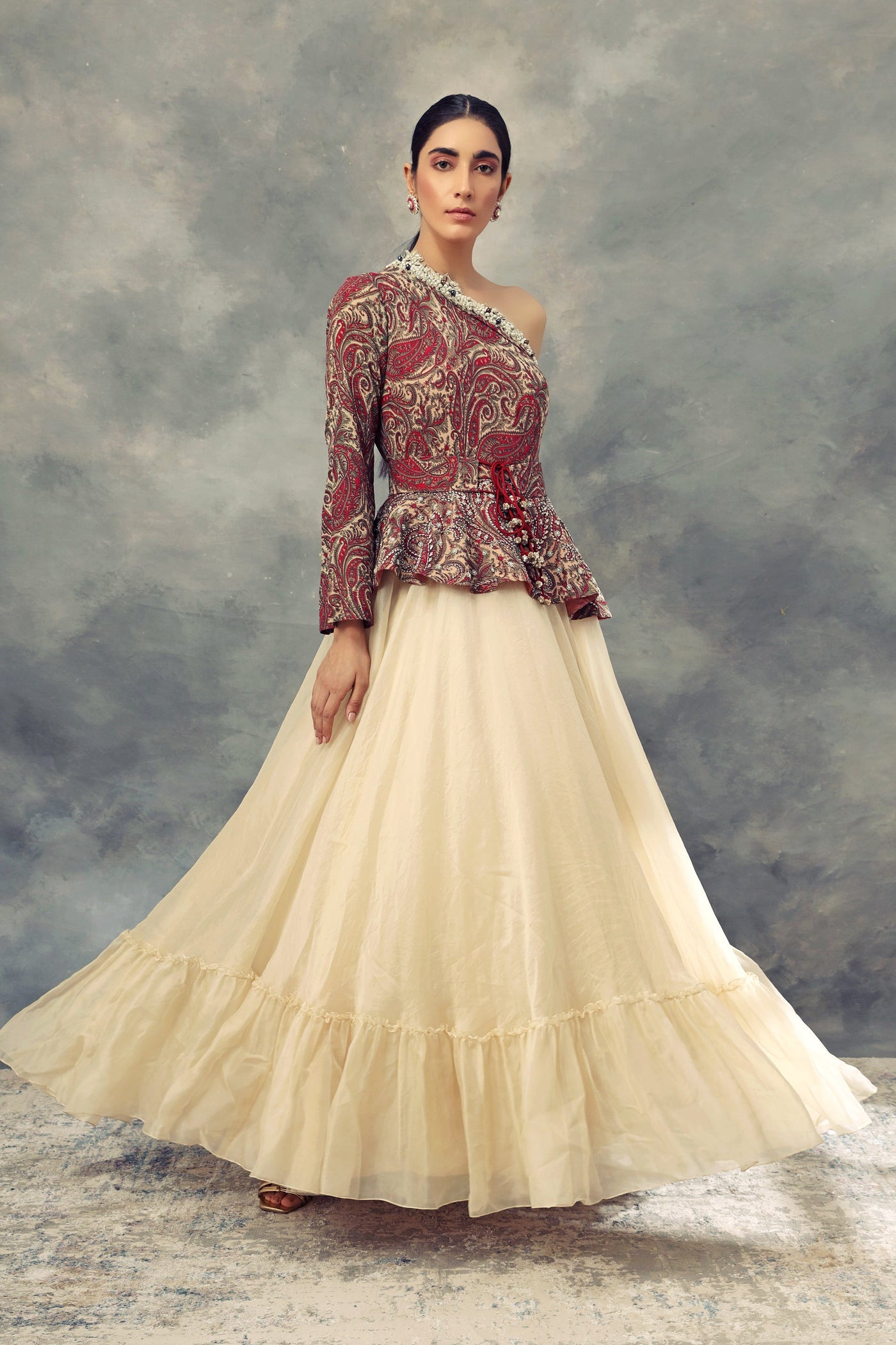 One Shoulder Ambi Jaal Print Peplum Gown - BHUMIKA SHARMA