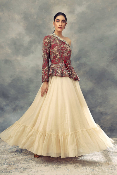 One Shoulder Ambi Jaal Print Peplum Gown - BHUMIKA SHARMA