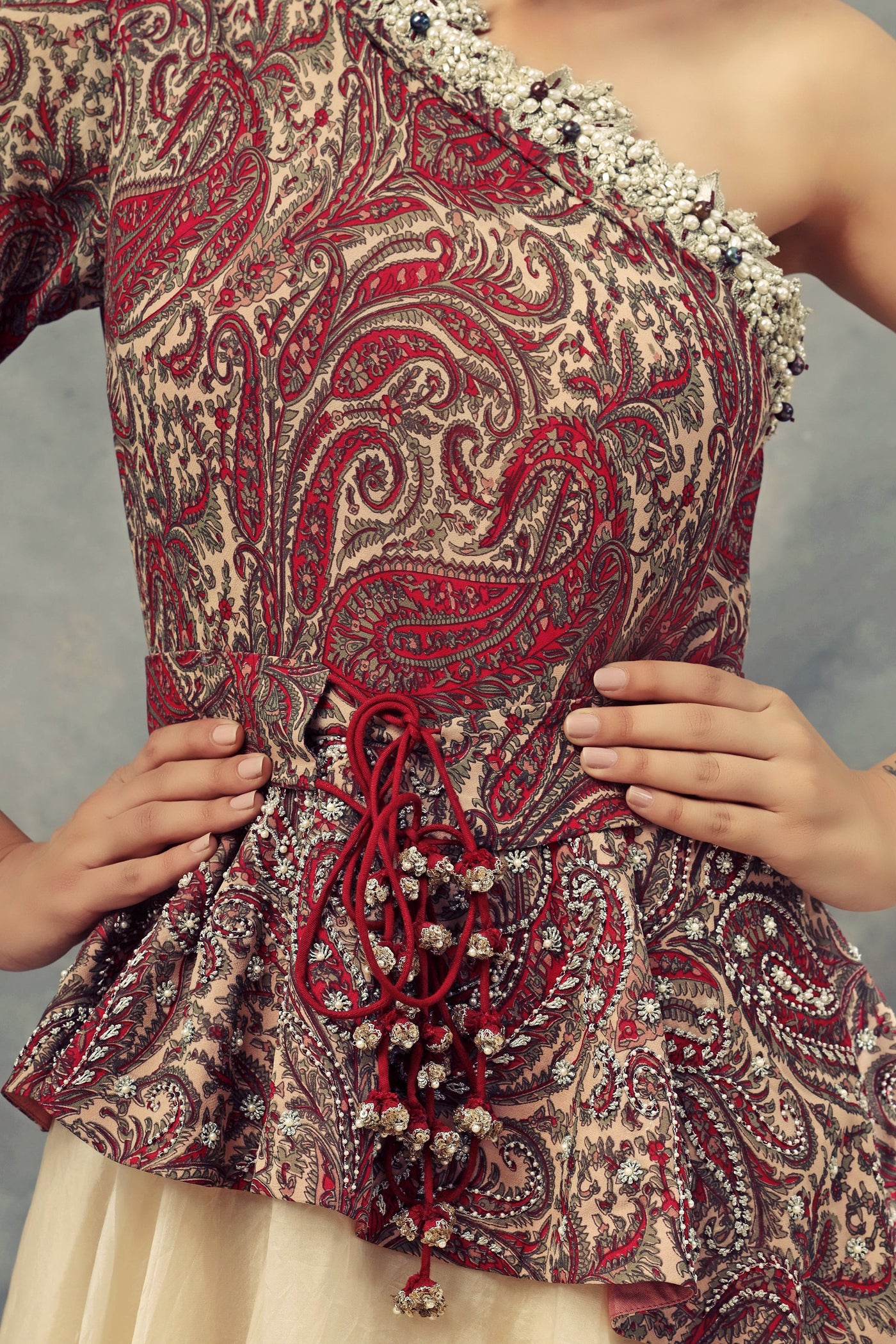 One Shoulder Ambi Jaal Print Peplum Gown - BHUMIKA SHARMA