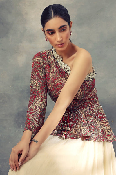 One Shoulder Ambi Jaal Print Peplum Gown - BHUMIKA SHARMA