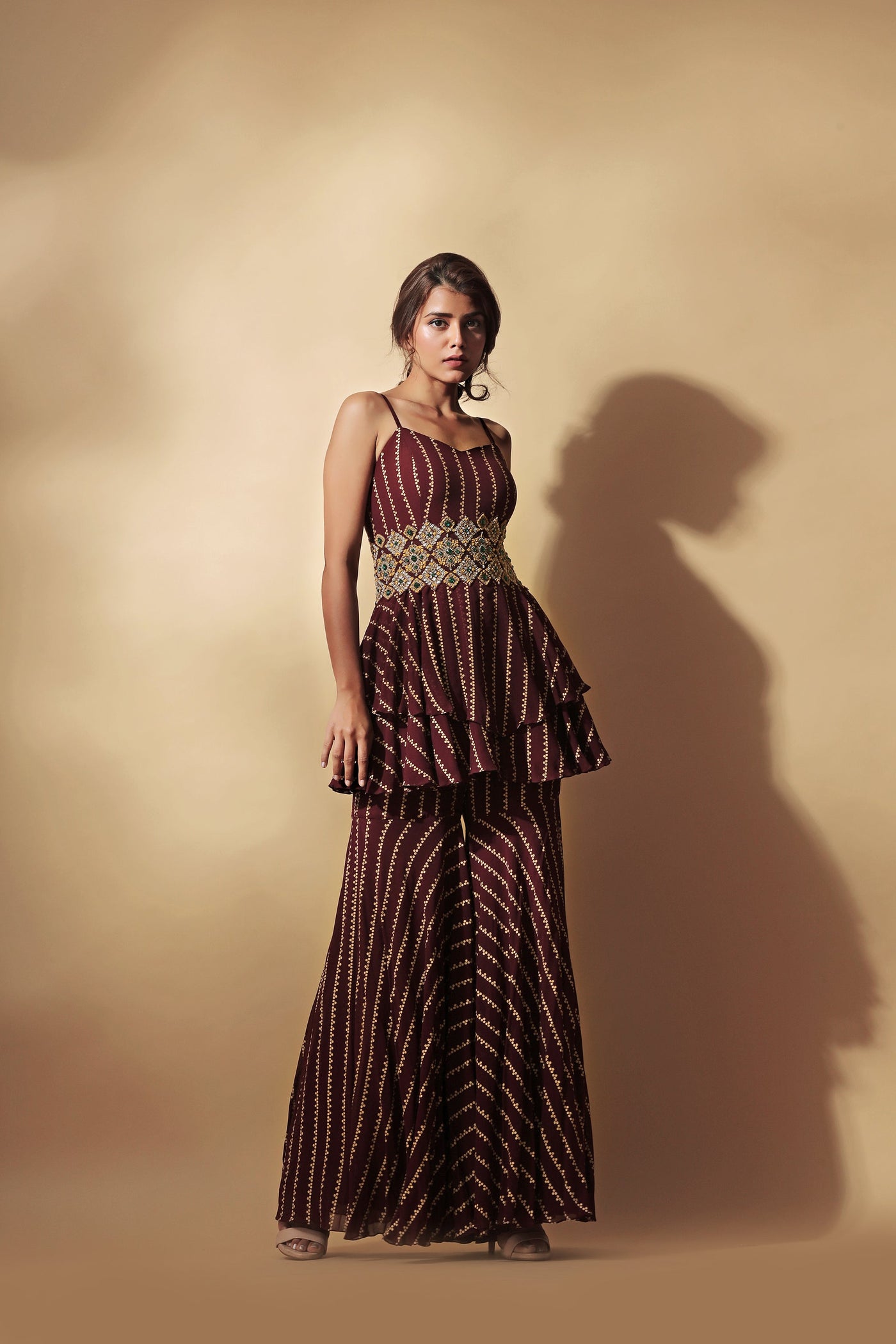 Burgundy Nukta Print Peplum Top & Pants Set