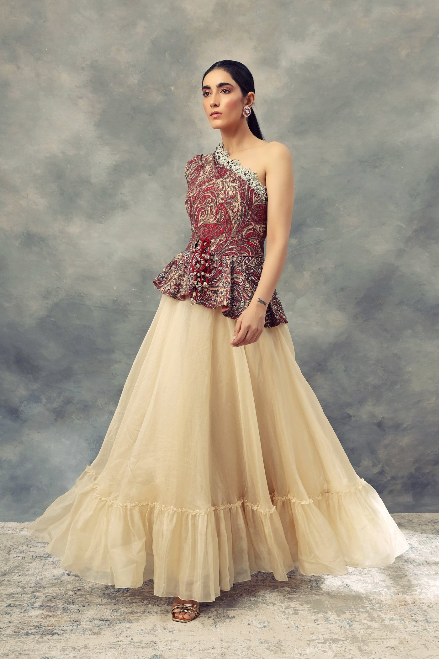 One Shoulder Ambi Jaal Print Peplum Gown - BHUMIKA SHARMA