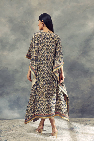 Blue Leaf Print Kaftan With Hand Embroidery Around The Neckline - BHUMIKA SHARMA
