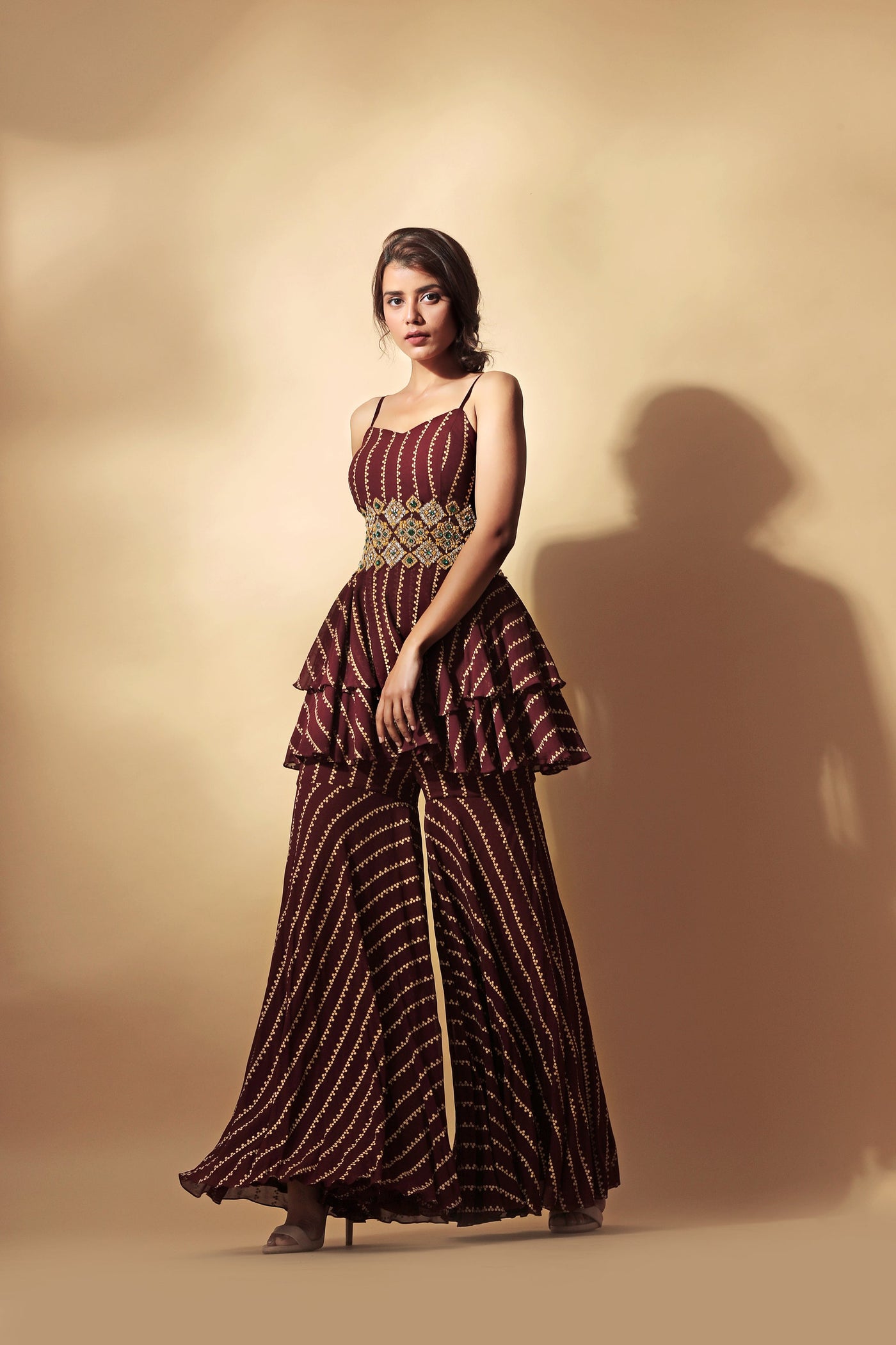 Burgundy Nukta Print Peplum Top & Pants Set