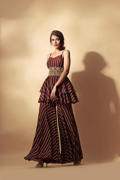 Burgundy Nukta Print Peplum Top & Pants Set