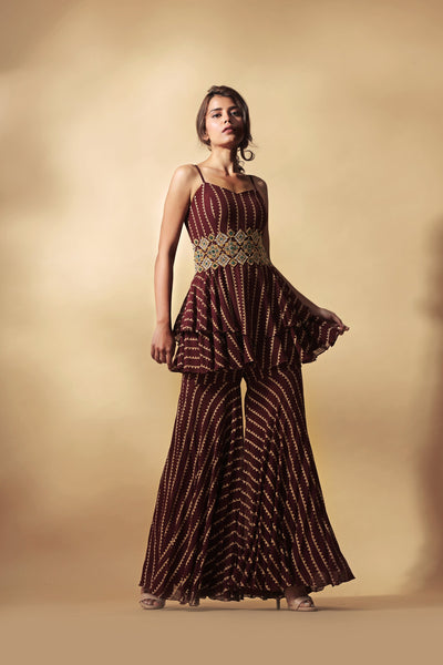 Burgundy Nukta Print Peplum Top & Pants Set