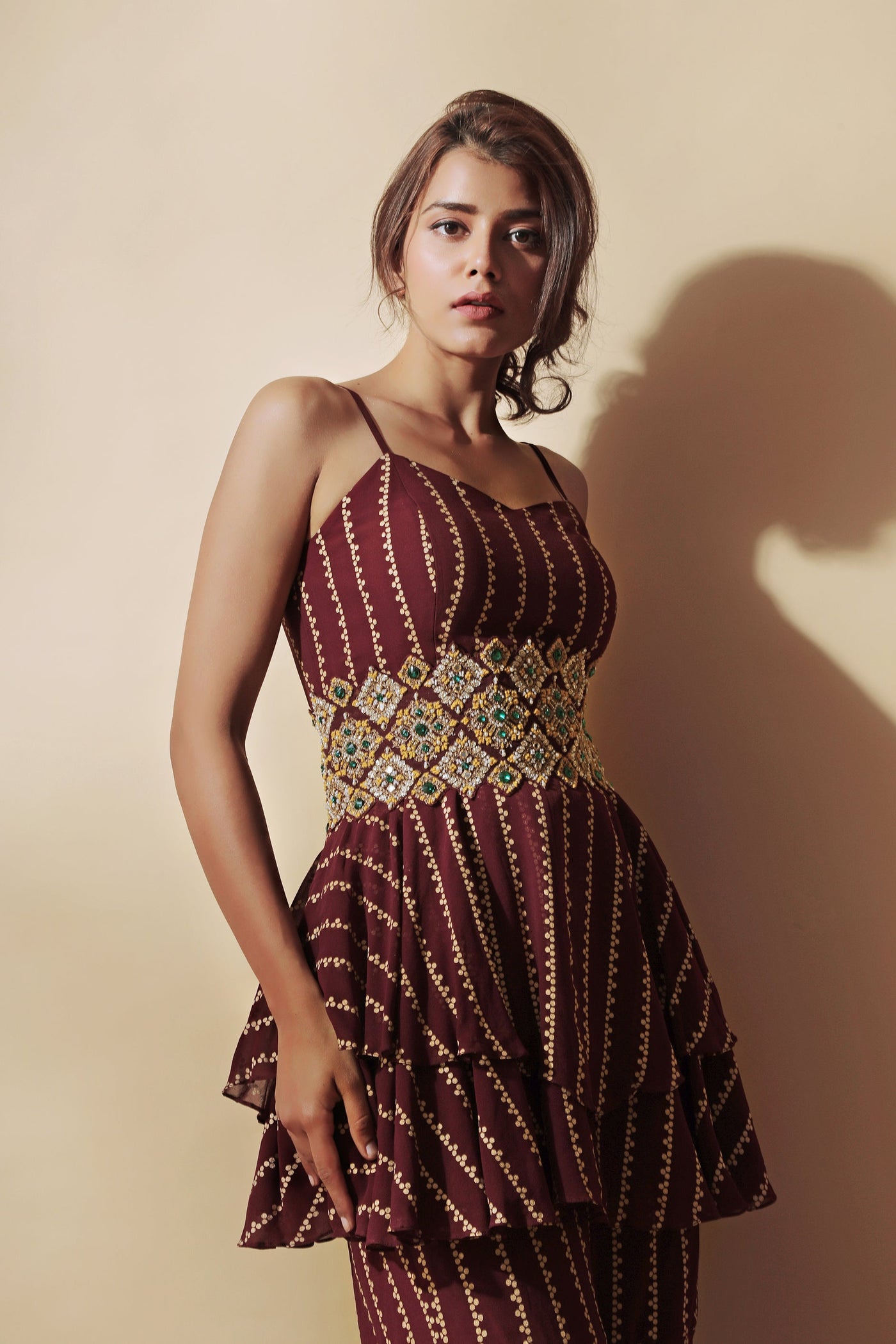Burgundy Nukta Print Peplum Top & Pants Set