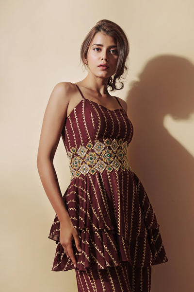Burgundy Nukta Print Peplum Top & Pants Set