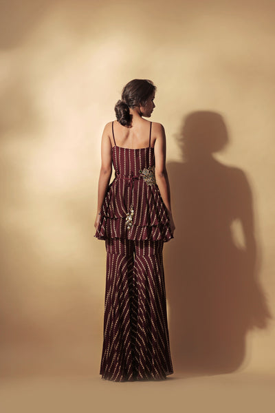 Burgundy Nukta Print Peplum Top & Pants Set