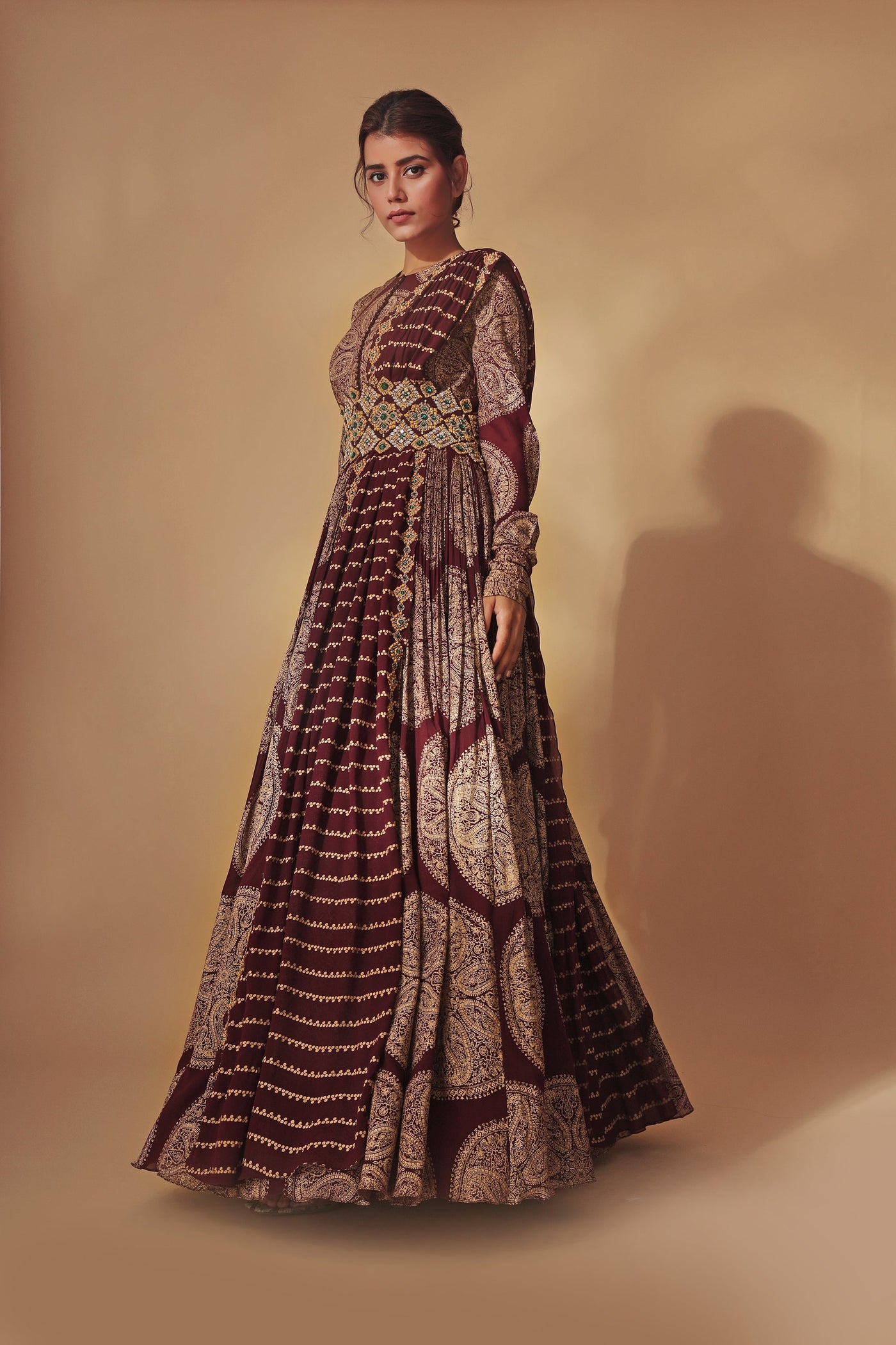 Burgundy Ambi Circle Print Belted Anarkali