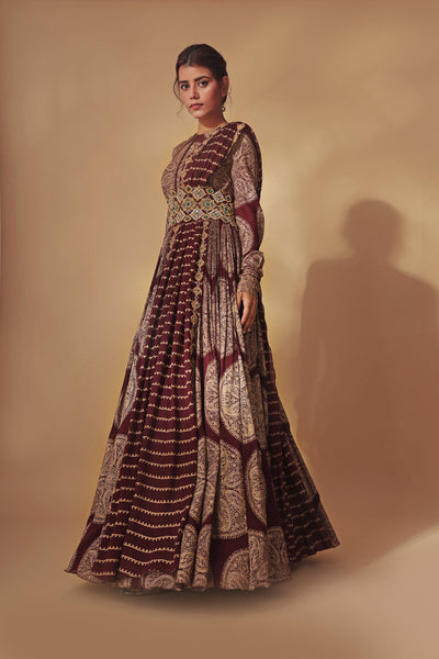 Burgundy Ambi Circle Print Belted Anarkali
