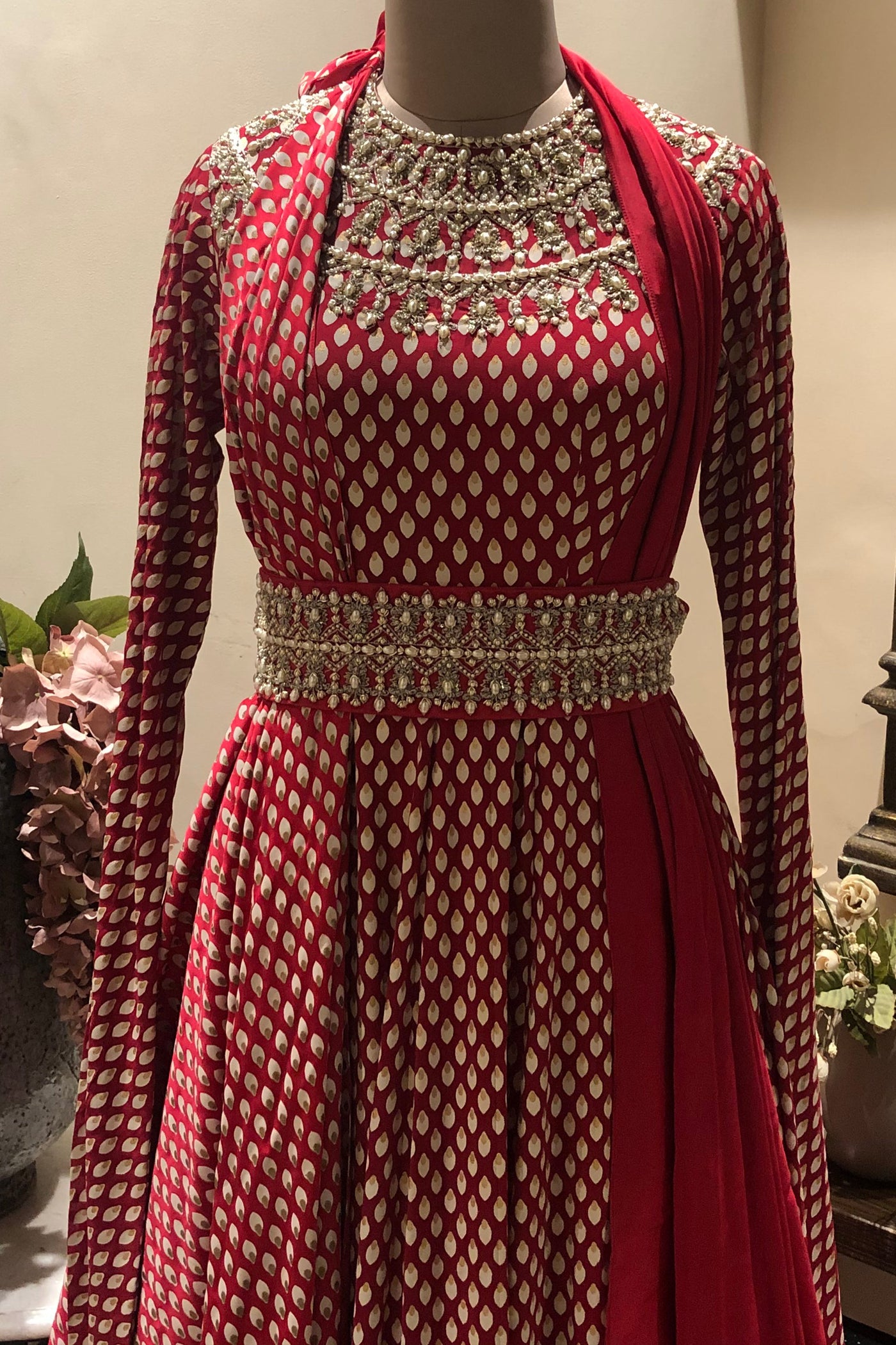 Red Bindu Anarkali With Draped Dupatta & Pearl Work Belt