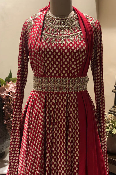 Red Bindu Anarkali With Draped Dupatta & Pearl Work Belt