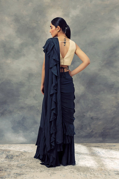 Peacock Green Ruffle Saree With Embroidered Blouse & Belt - BHUMIKA SHARMA