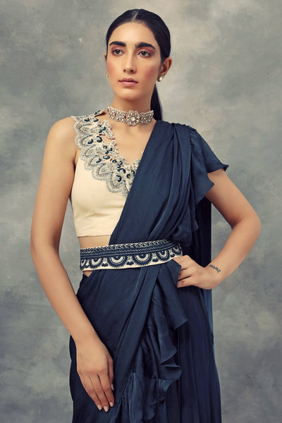 Peacock Green Ruffle Saree With Embroidered Blouse & Belt - BHUMIKA SHARMA