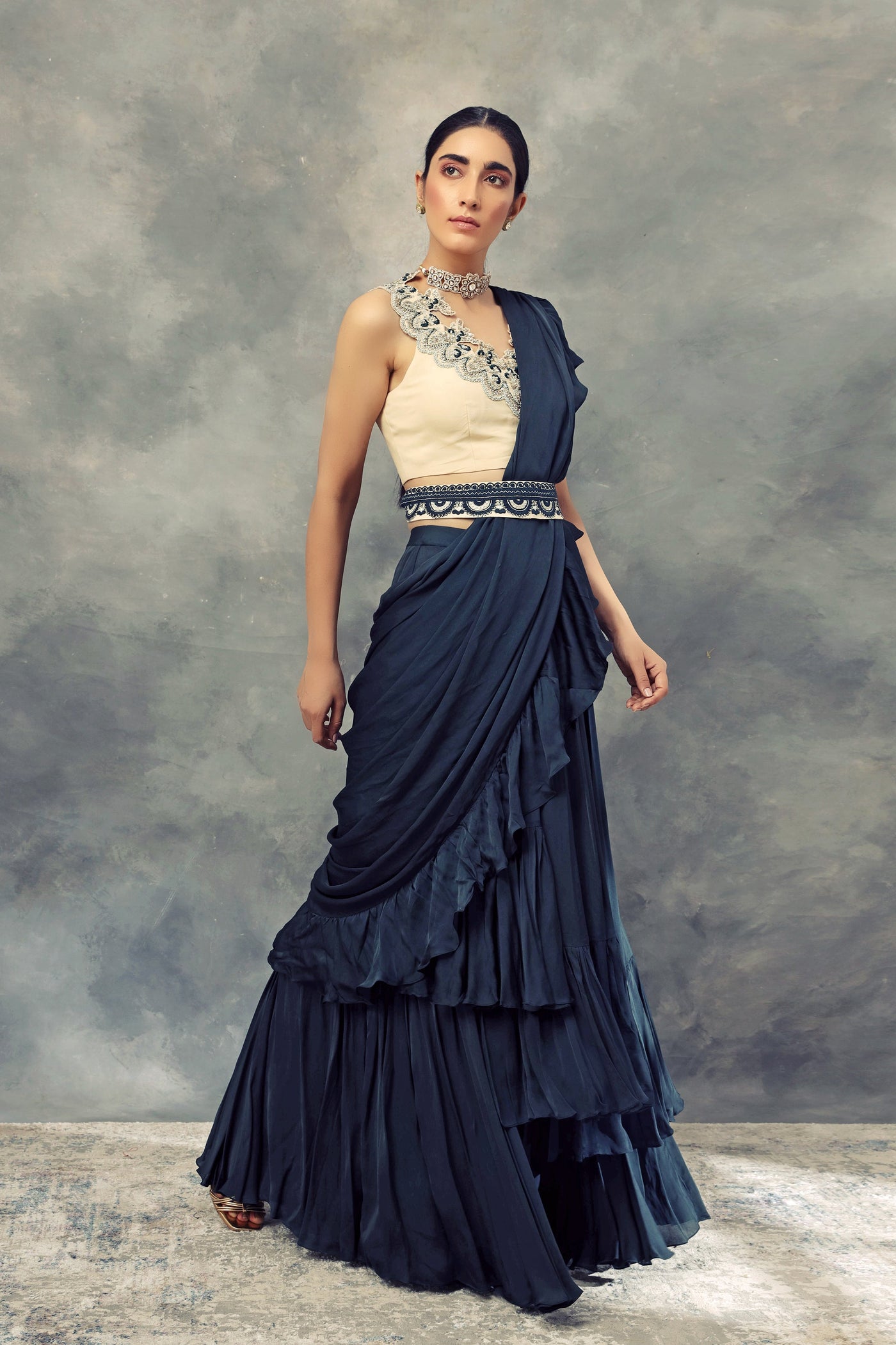 Peacock Green Ruffle Saree With Embroidered Blouse & Belt - BHUMIKA SHARMA