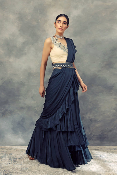 Peacock Green Ruffle Saree With Embroidered Blouse & Belt - BHUMIKA SHARMA