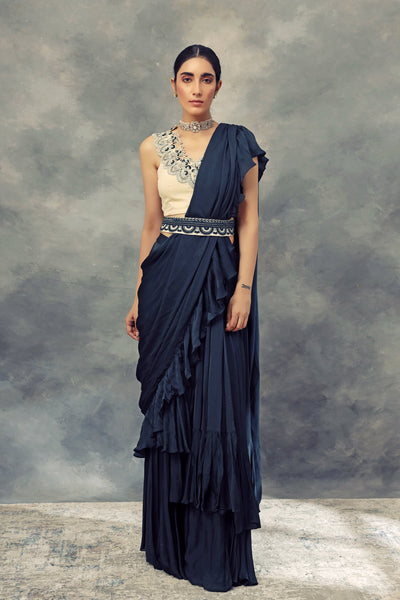 Peacock Green Ruffle Saree With Embroidered Blouse & Belt - BHUMIKA SHARMA