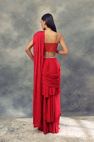 Ruby Red Three Layered Saree With Embroidered Bralette & Belt - BHUMIKA SHARMA