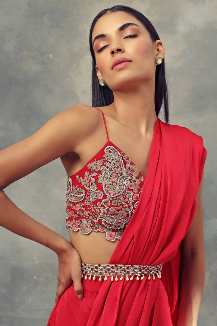 Ruby Red Three Layered Saree With Embroidered Bralette & Belt - BHUMIKA SHARMA