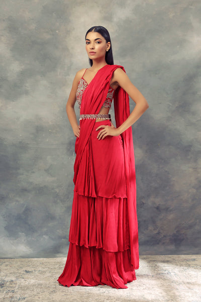 Ruby Red Three Layered Saree With Embroidered Bralette & Belt - BHUMIKA SHARMA
