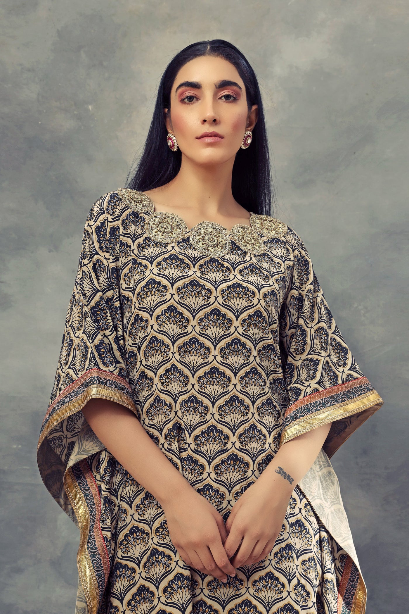 Blue Leaf Print Kaftan With Hand Embroidery Around The Neckline - BHUMIKA SHARMA