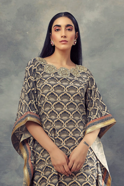 Blue Leaf Print Kaftan With Hand Embroidery Around The Neckline - BHUMIKA SHARMA