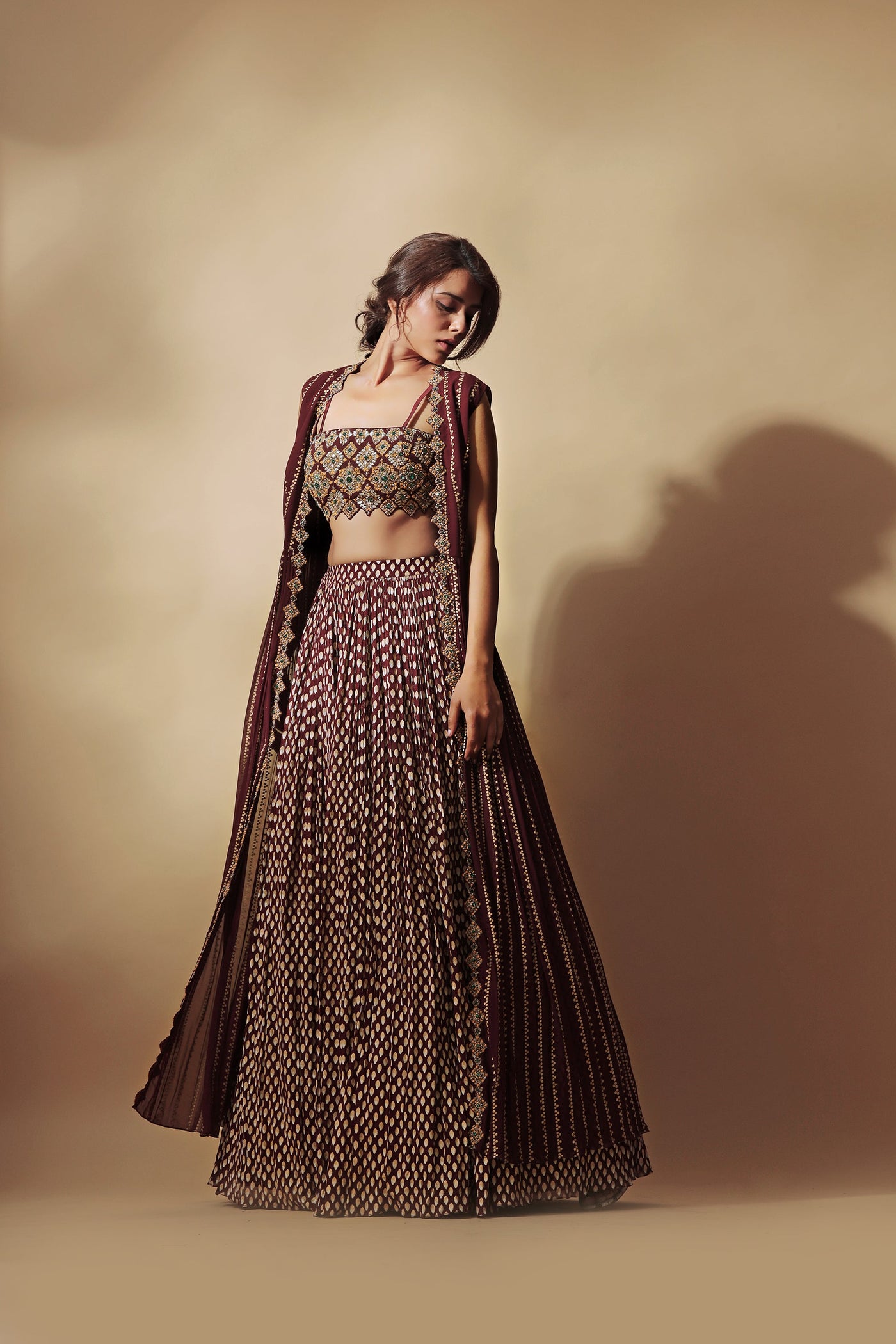 Burgundy Nukta Print Embroidered Cape Set