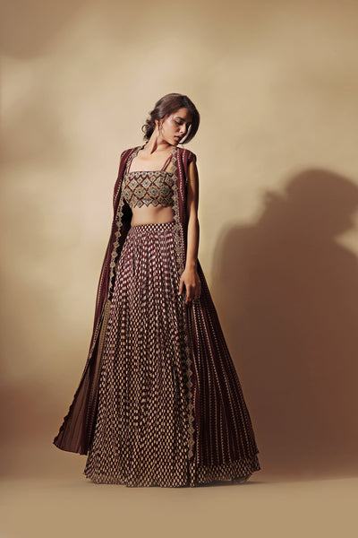 Burgundy Nukta Print Embroidered Cape Set