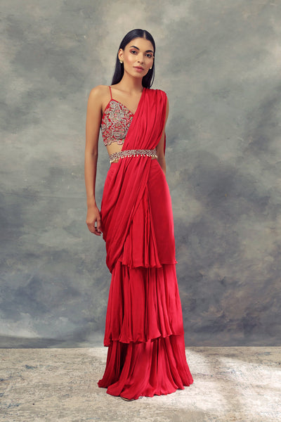 Ruby Red Three Layered Saree With Embroidered Bralette & Belt - BHUMIKA SHARMA