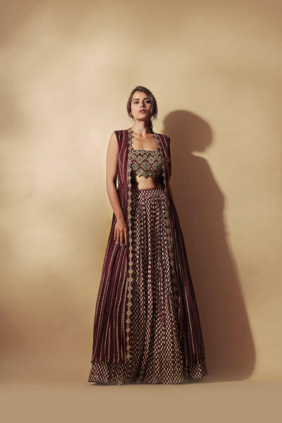 Burgundy Nukta Print Embroidered Cape Set