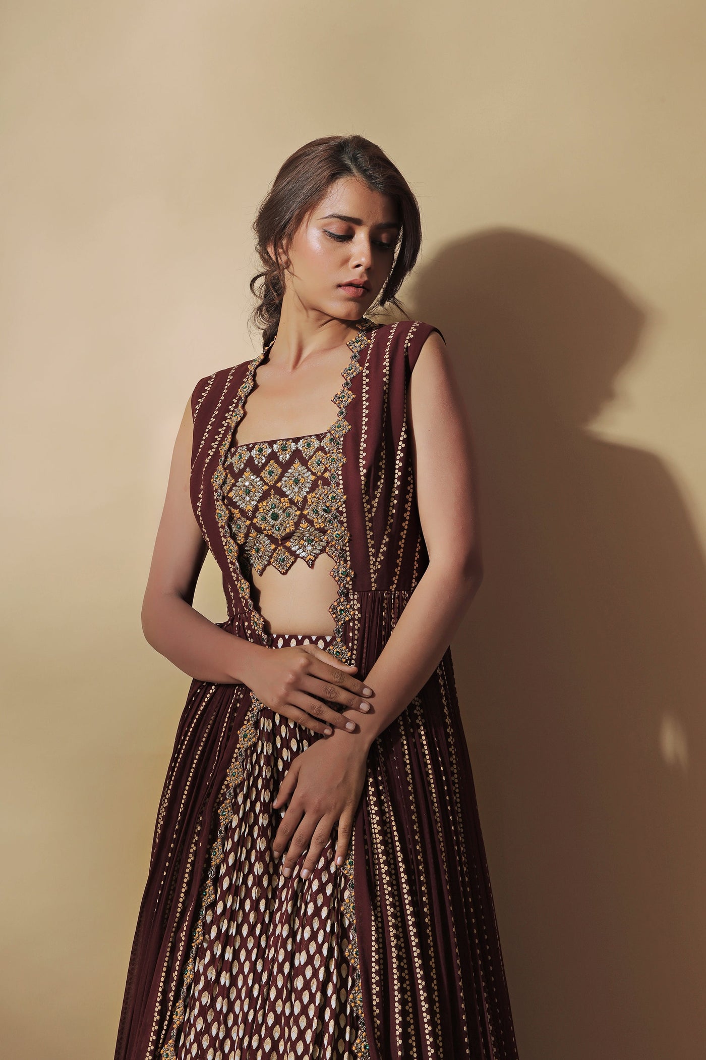 Burgundy Nukta Print Embroidered Cape Set