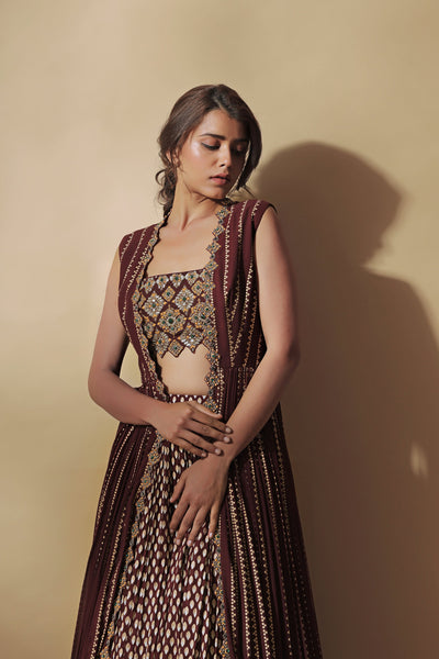 Burgundy Nukta Print Embroidered Cape Set