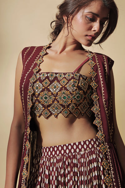 Burgundy Nukta Print Embroidered Cape Set