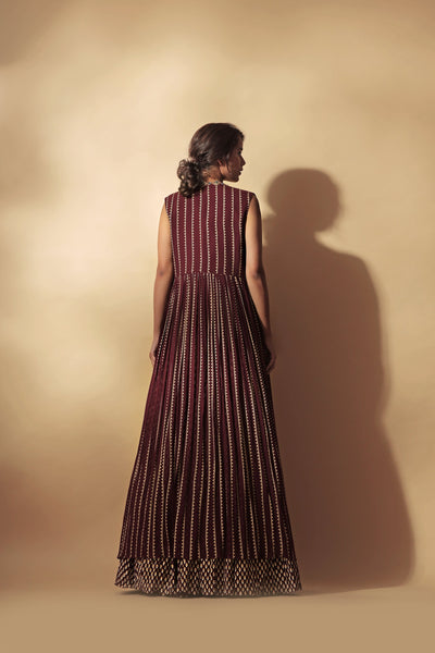 Burgundy Nukta Print Embroidered Cape Set