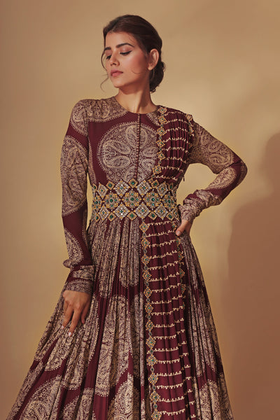Burgundy Ambi Circle Print Belted Anarkali