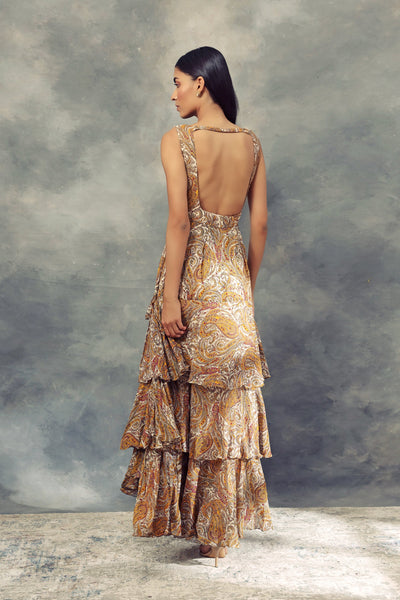 Ambi Jaal Print Rufflle Dress With Embroidered Yoke - BHUMIKA SHARMA