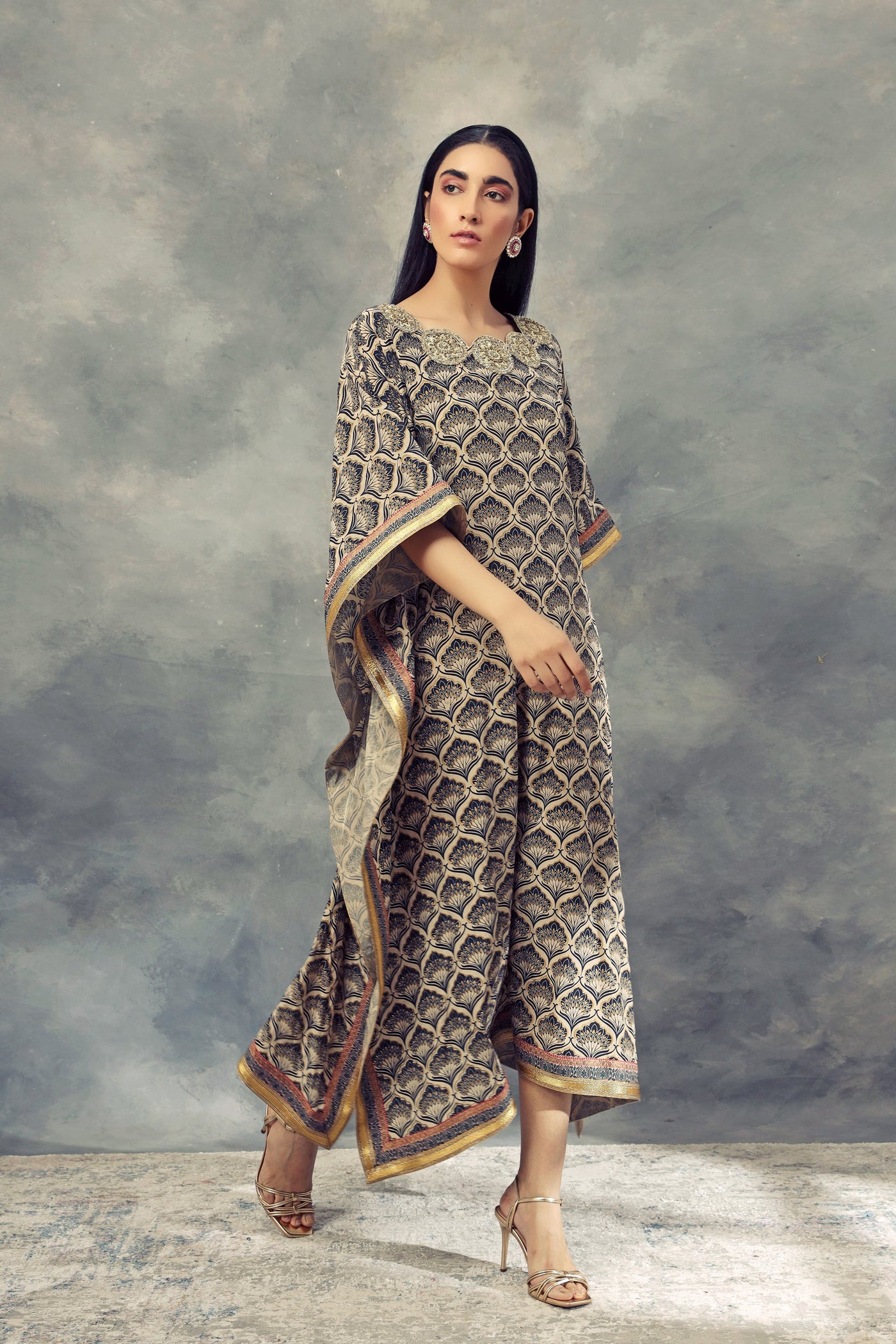 Blue Leaf Print Kaftan With Hand Embroidery Around The Neckline - BHUMIKA SHARMA