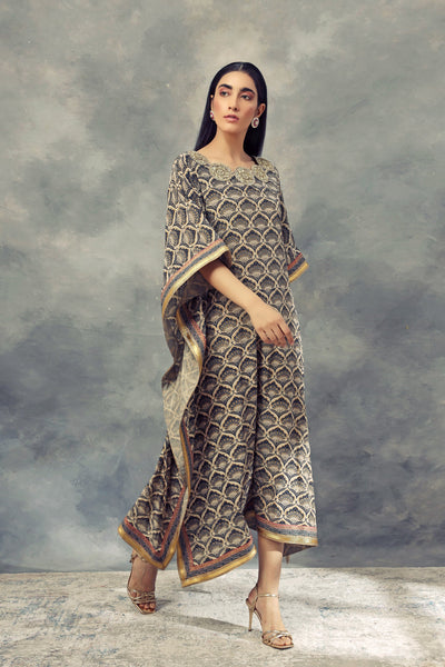 Blue Leaf Print Kaftan With Hand Embroidery Around The Neckline - BHUMIKA SHARMA