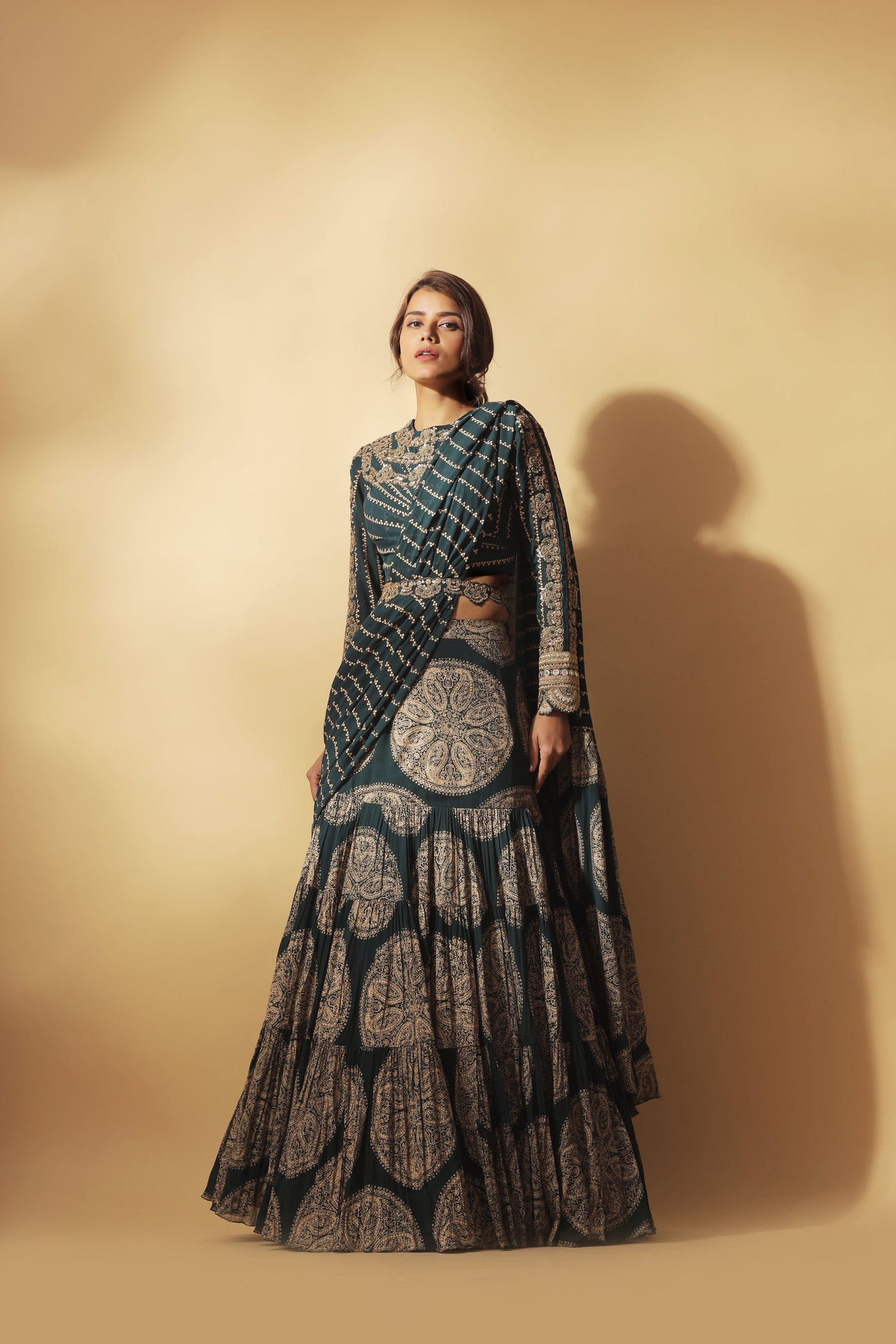 Teal Green and Gold Ambi Circle Print Pleated Saree with Embroidered Nukta Print Blouse & Belt